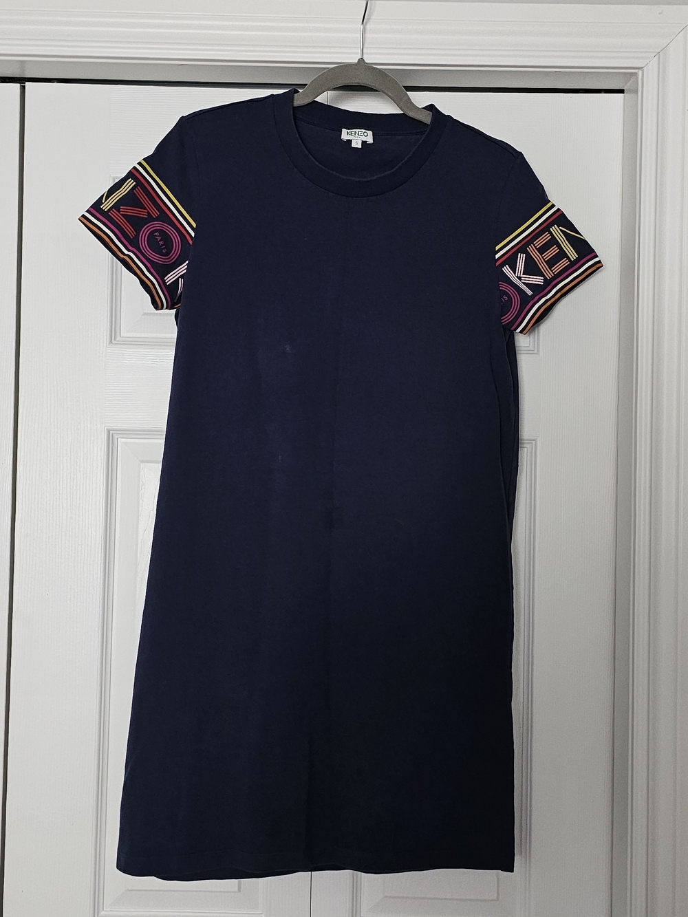 Kenzo Navy Short-Sleeve Tee Dress with Multicolor Logo Sleeve Trim